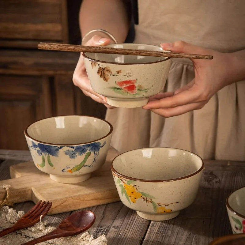 bol ceramique retro asiatique motif floral soupe riz - vue 3 sur 7