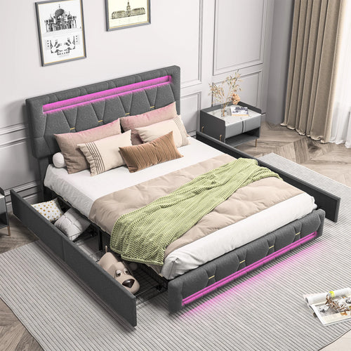 Upholstered Double Bed 140x200cm,LED Bed with 4 Drawers and Adjustable Headboard,Bed Frame with Wooden Slatted Frame,No Mattress - vue 2 sur 7