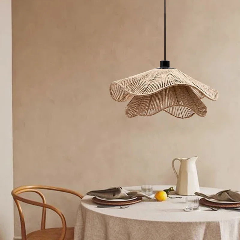 Cotton rope and straw hat nordic vintage pendant light - vue 4 sur 14