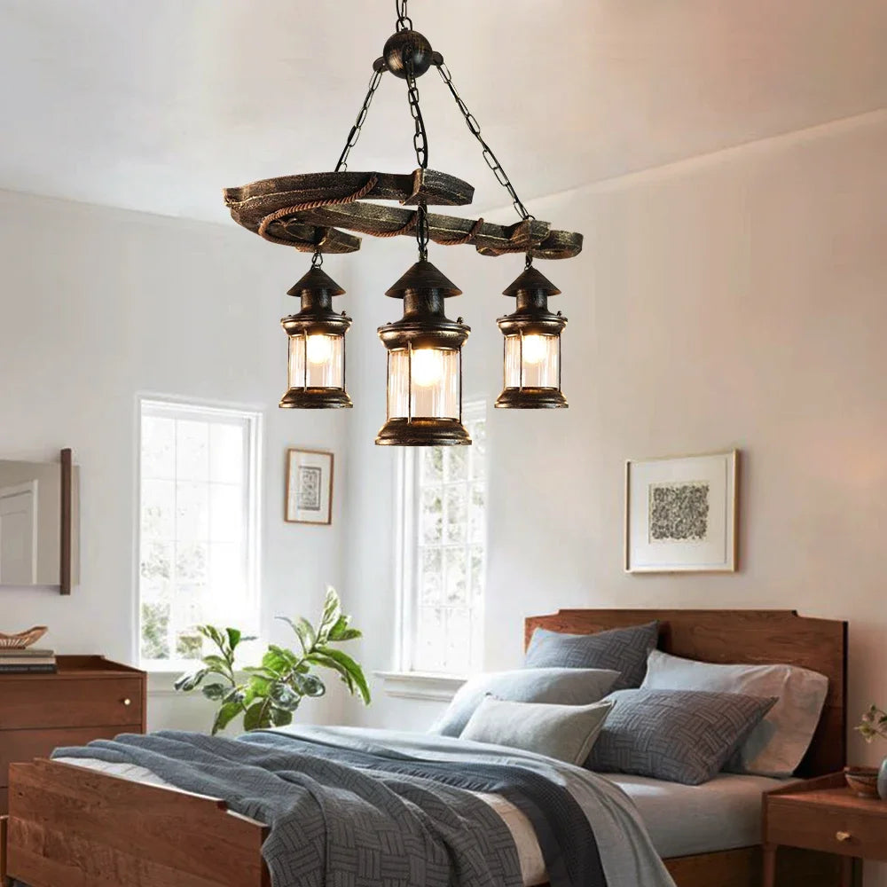 lustre rétro en bois et verre pour décoration élégante - vue 7 sur 8