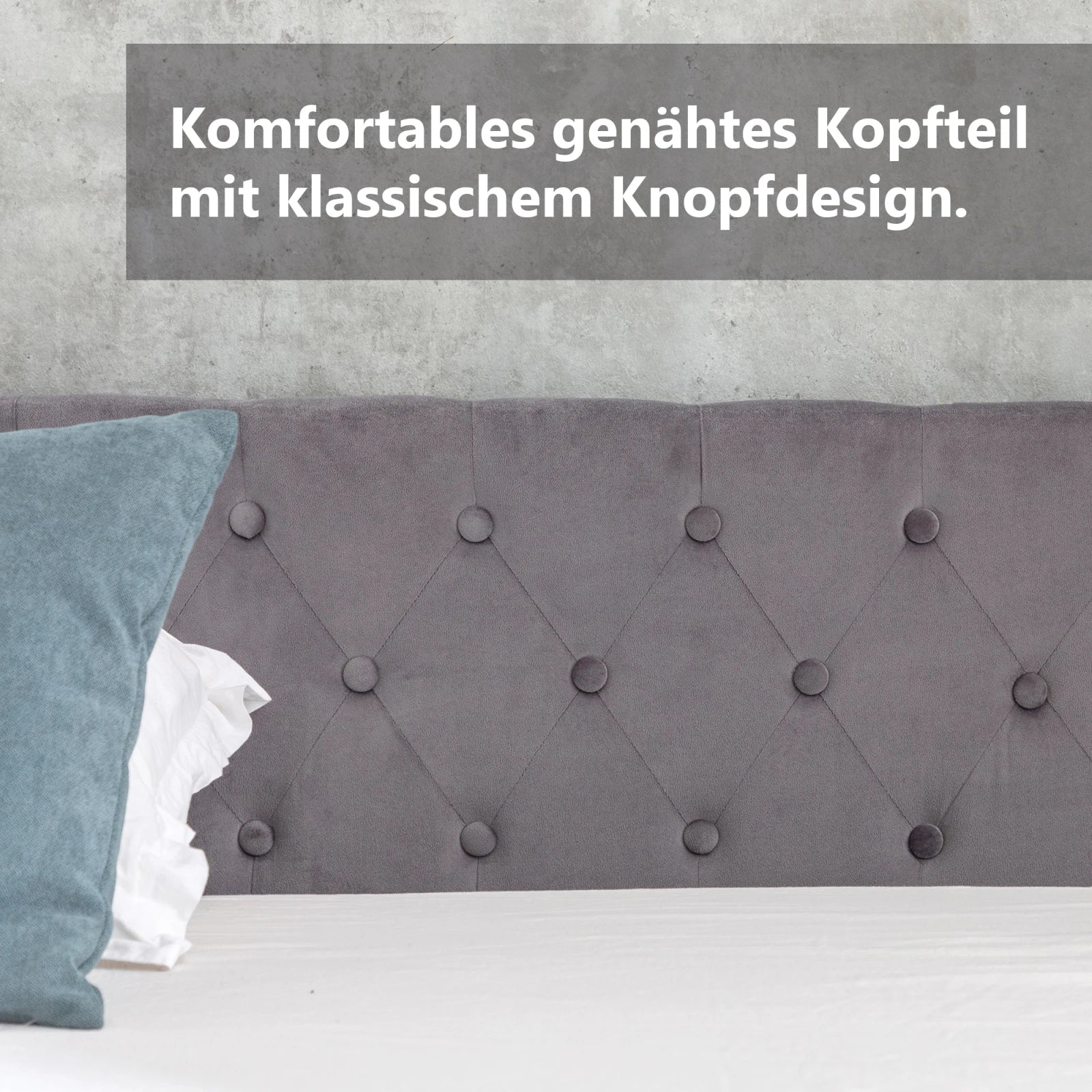 Upholstered Bed, Double Bed, Velvet Fabric, with Bed Box, Slatted Frame and Storage Space, Grey, 180 x 200 cm - vue 4 sur 7
