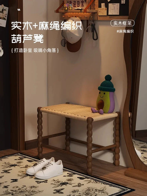Creative Gourd Stool, French Woven Solid Wood Stool, Household Shoe Changing Stool, Living Room Sofa Side Shelf - vue 2 sur 13
