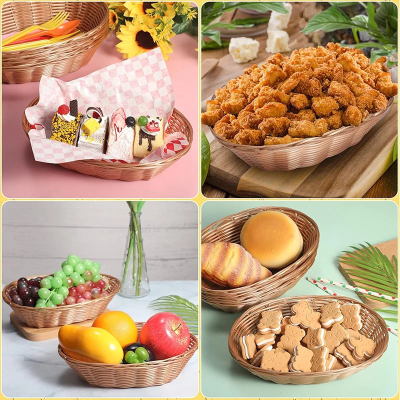 8/20Pcs Wicker Bread Baskets, Handwoven Oval Plastic Basket, Tabletop Fruit Vegetables Food Serving Basket for Home, Kitchen - vue 6 sur 6