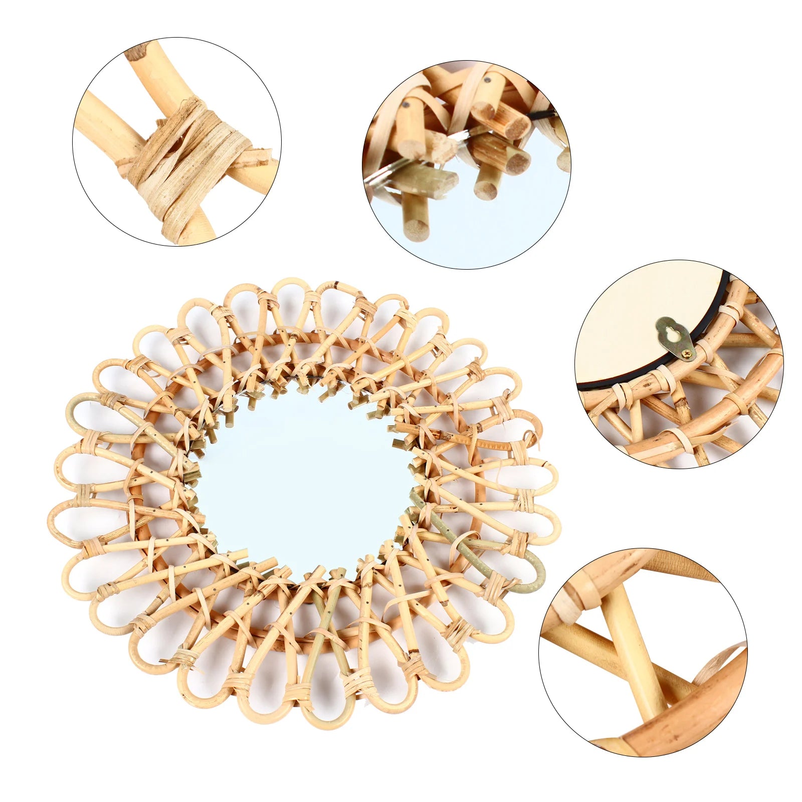 Wall Mirror, Round Wicker Rattan Decorative Mirror, Rustic Natural Rattan Wall Decor with Mounted Frame for Bathroom Hallway - vue 6 sur 7