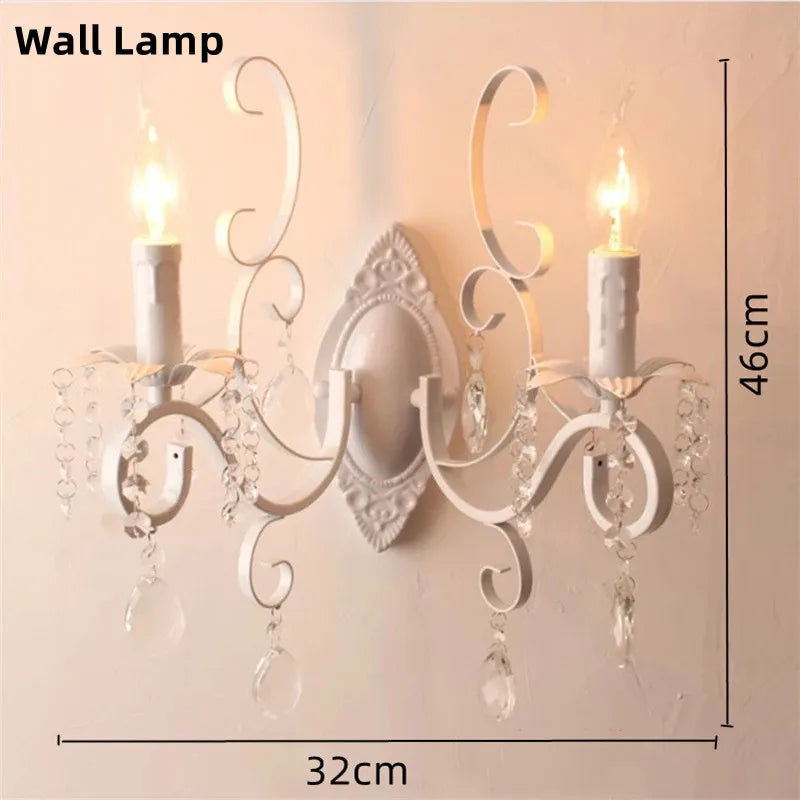 Vintage white iron chandelier with crystal pendants for interior decoration