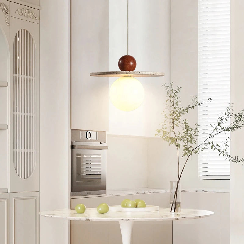 lustre rond en pierre et bois avec cordon réglable pour - vue 5 sur 7