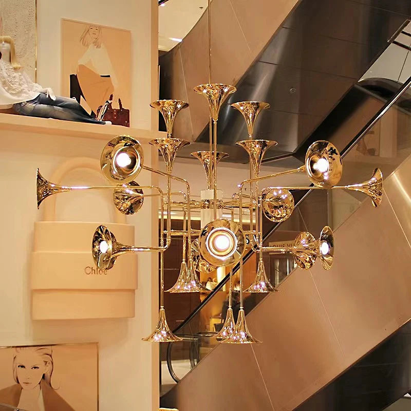 lustre trompette dorée à plusieurs têtes design moderne - vue 4 sur 10