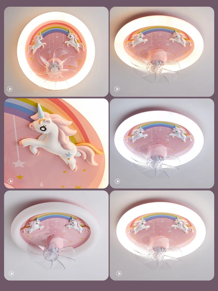 Creative LED Ceiling Light with Fan Pink Princess Children's Room Bedroom Ceiling Fan Resin Unicorn Rainbow Remote Control 220V - vue 7 sur 7