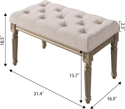 Beige Bench for Dining Room Table, Upholstered Vanity Stool Piano Bench Makeup Stool with Rustic Wood Vanity Stool Foot Rest - vue 7 sur 6