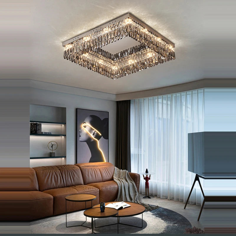 lustre led dimmable rond rectangulaire en cristal - vue 5 sur 18