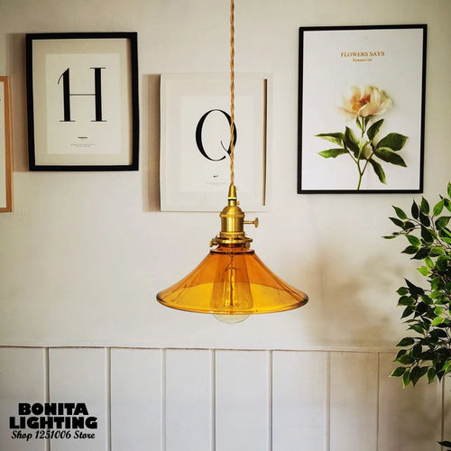 suspension vintage en verre avec base en laiton et interrupteur
