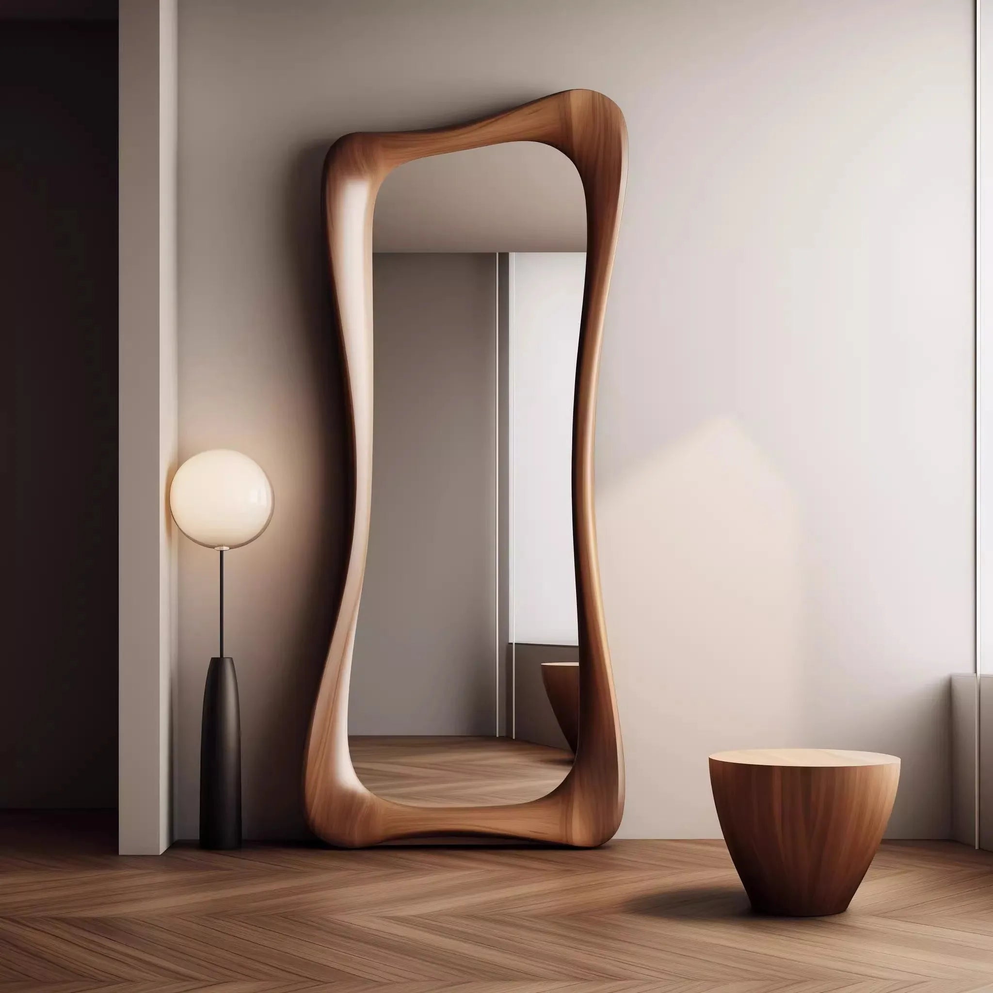 miroir décoratif de luxe artistique en bois de noyer léger - vue 4 sur 5