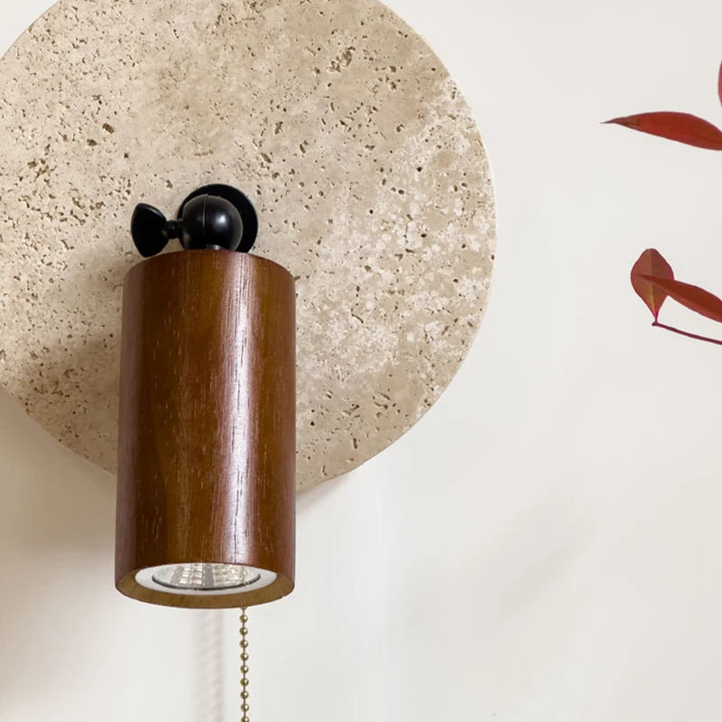 applique murale en pierre et bois avec interrupteur et ampoule ronde - vue 6 sur 10