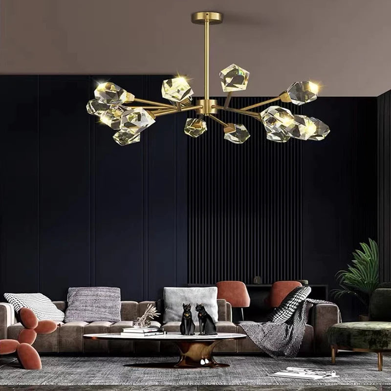 lustre moderne en laiton diamant cristal led de luxe - vue 5 sur 18