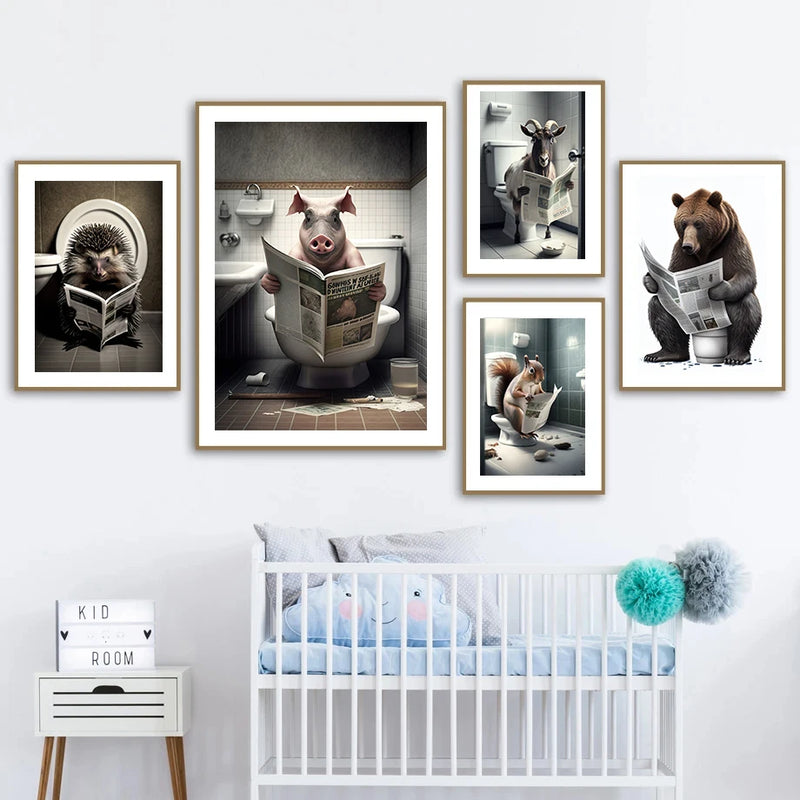 décoration murale humoristique animaux assis sur toilettes