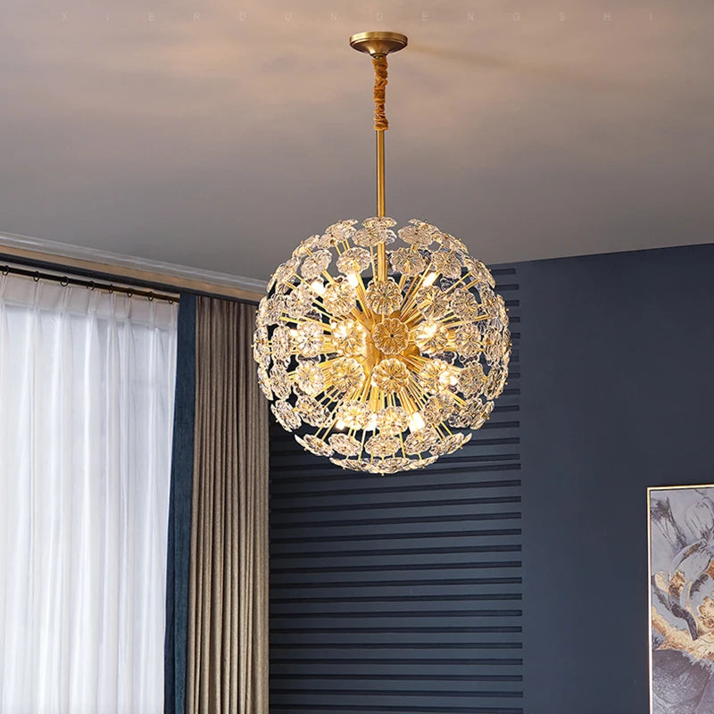 lustre suspendu en cuivre avec cristaux de pissenlit rond - vue 2 sur 12