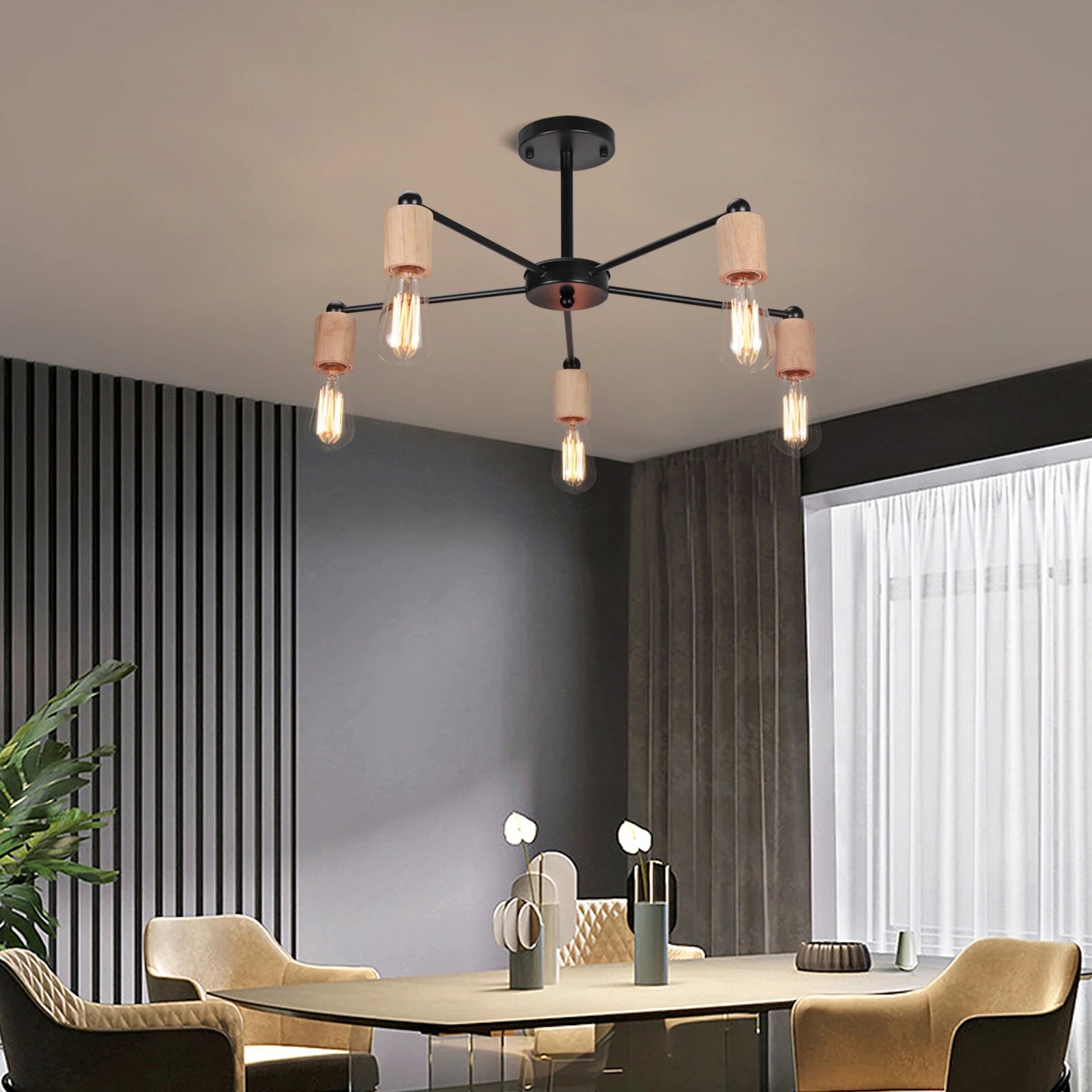lustre industriel moderne avec tiges multiples en fer et bois - vue 4 sur 16