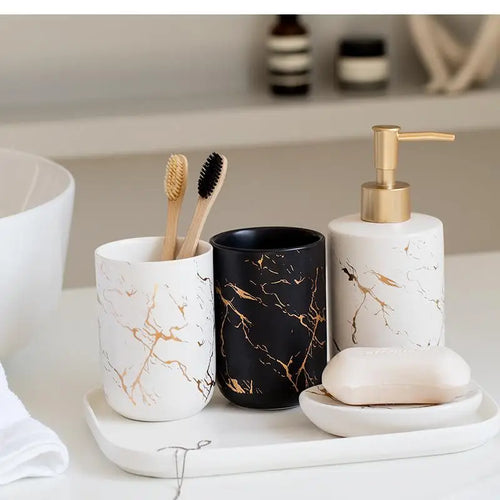 Black Marbled Bathroom Accessories Set, Ceramic Soap Dispenser, Toothbrush Holder, Box, Decoration - vue 2 sur 17