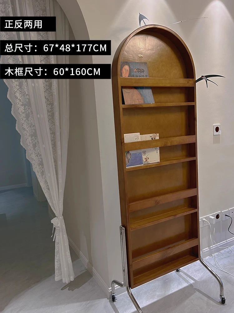 Adjustable solid wood full body mirror, magazine bookshelf mirror, floor standing retro with wheel fitting mirror - vue 10 sur 18
