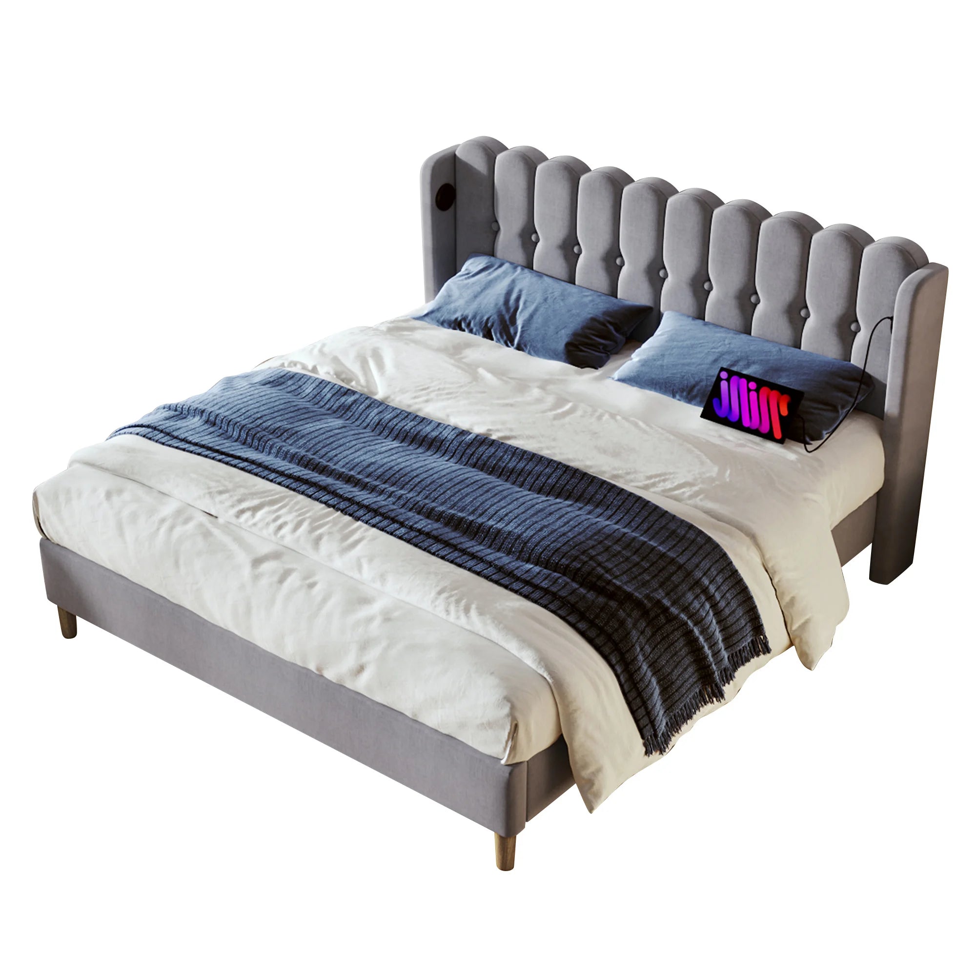 Cushion Bed Double with USB Type C Charging, Slatted Frame, Upholstered, Gray, 140x200 cm, Youth/Guest Room, Linen - vue 5 sur 6