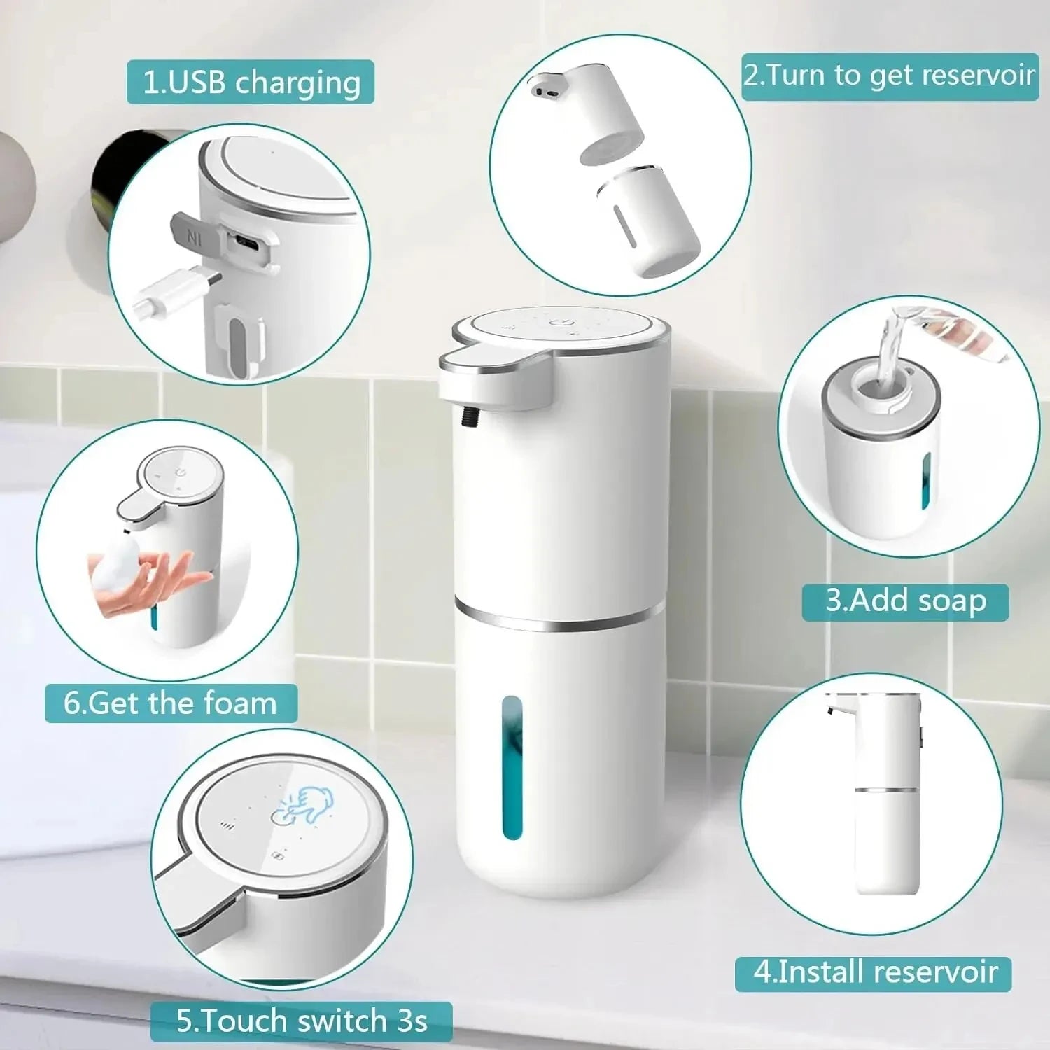 distributeur de savon automatique moussant rechargeable sans contact - vue 3 sur 7