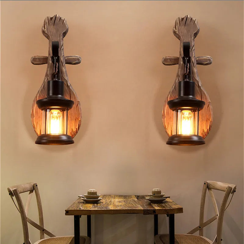 applique murale vintage en bois avec abat-jour en verre et métal - vue 3 sur 16
