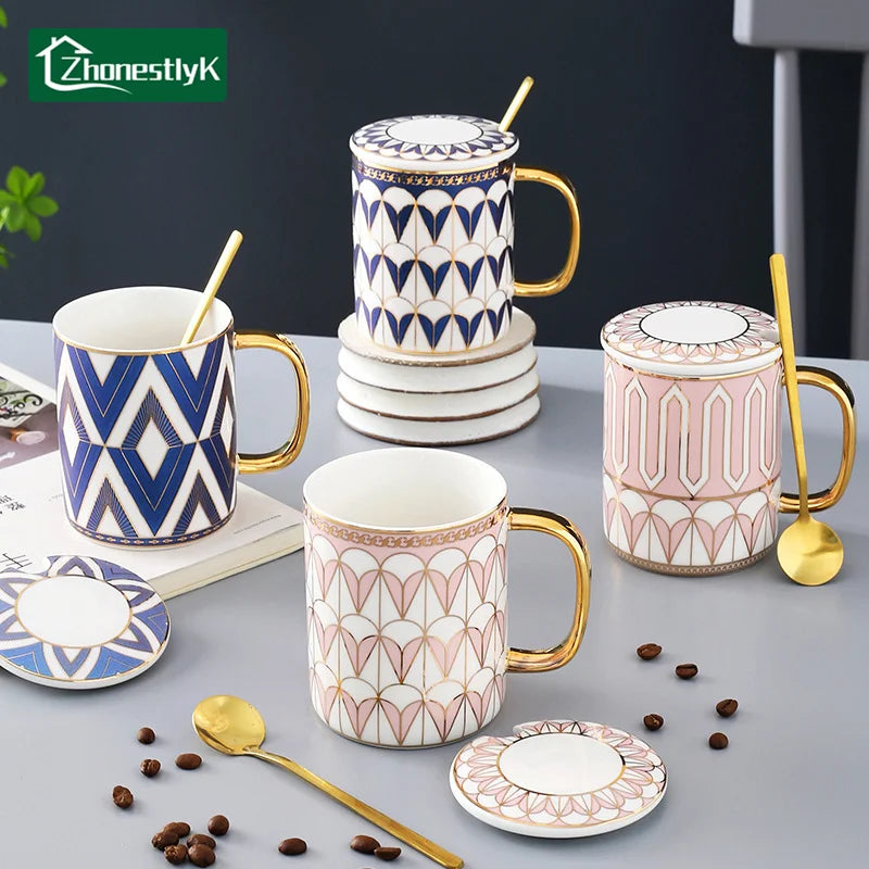 Tasse café céramique bord doré style britannique couvercle