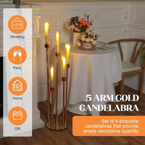 Floor Candelabra 5 Arm 42.5'' Tall Gold Candle Holder, Candelabra Centerpieces for Tables, Metal Candlestick Set with Acry - vue 6 sur 6
