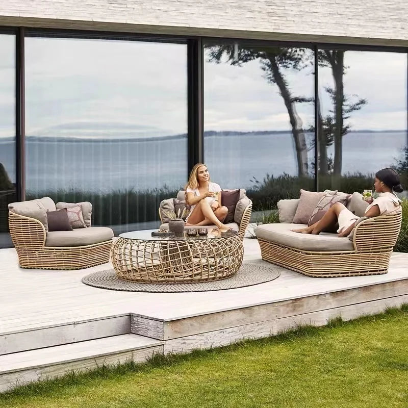 canapé extérieur en teck avec table basse et lit - vue 21 sur 24