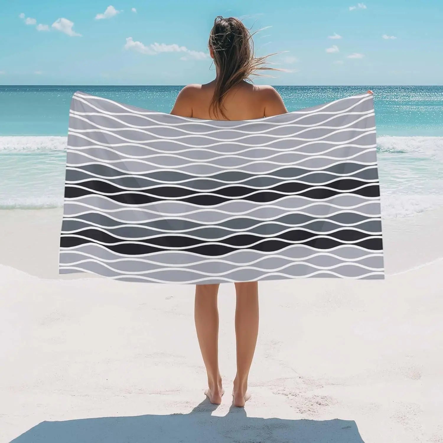 serviette de plage motifs vagues abstraites absorbante légère - vue 2 sur 6