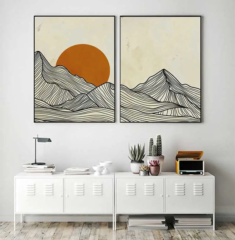 Minimalist Sun Mountain Line Abstract Wall Art, Nordic Posters Prints, Minimalist Image, Canvas Painting, Room Decoration, Set 3 - vue 5 sur 7