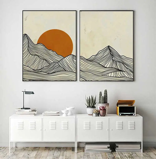 Minimalist Sun Mountain Line Abstract Wall Art, Nordic Posters Prints, Minimalist Image, Canvas Painting, Room Decoration, Set 3 - vue 6 sur 7