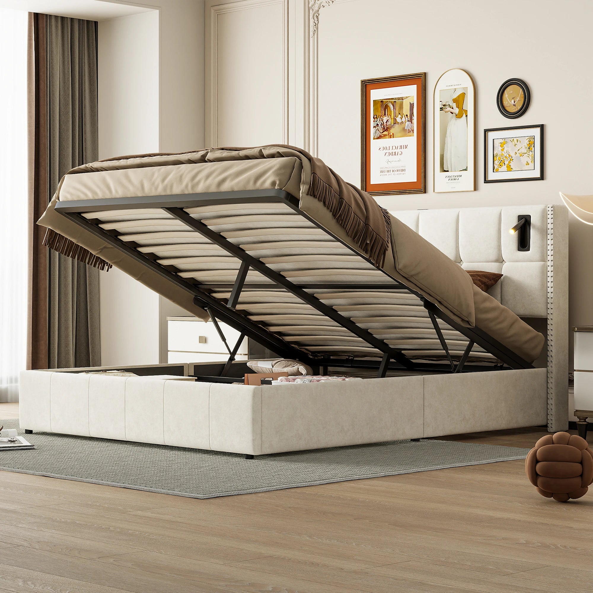 Single and Double Bed with Slatted Frame, Hydraulic Upholstered Storage Bed, Headboard with 2 Reading Light and USB Port, Velvet - vue 3 sur 8