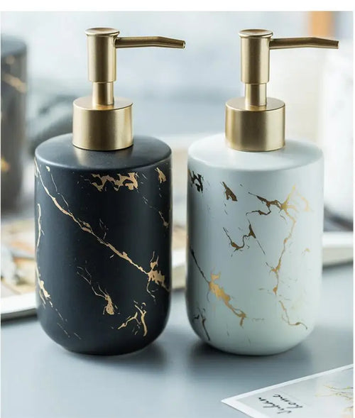 Black Marbled Bathroom Accessories Set, Ceramic Soap Dispenser, Toothbrush Holder, Box, Decoration - vue 7 sur 17