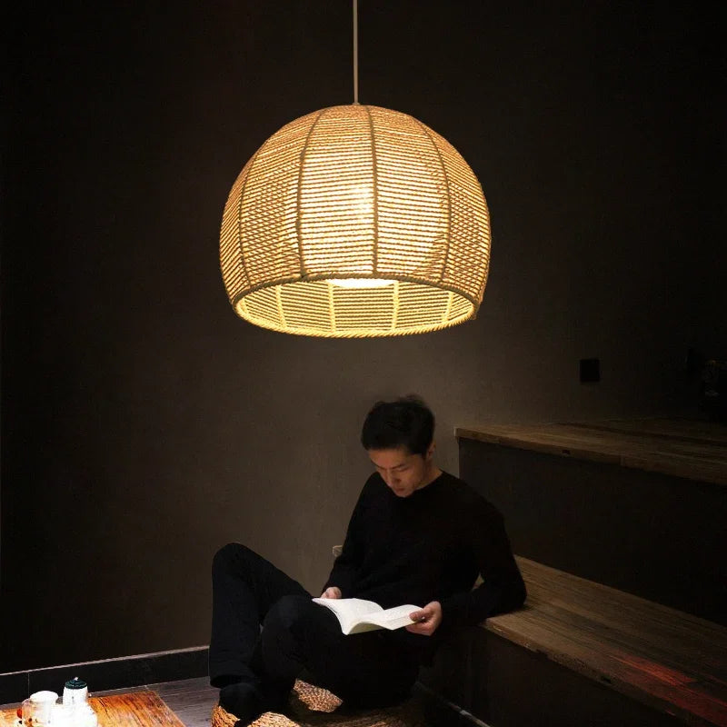 Hand-woven hemp rope chandelier stylish simple bedroom lamp balcony restaurant teahouse homestay decoration chandelier - vue 3 sur 11