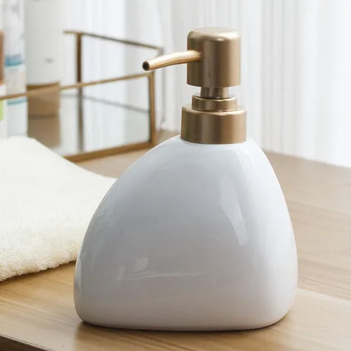 distributeur de savon en céramique avec pompe dorée pour salle de bain - vue 7 sur 17