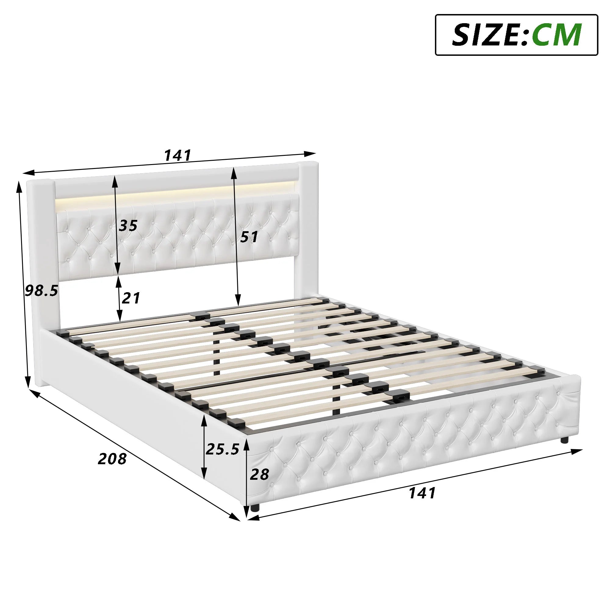 Upholstered Bed, Double Bed, PU Bedside Lamp, Hydraulic Functional Storage Bed, Headboard and Slatted Base, Padded Backrest