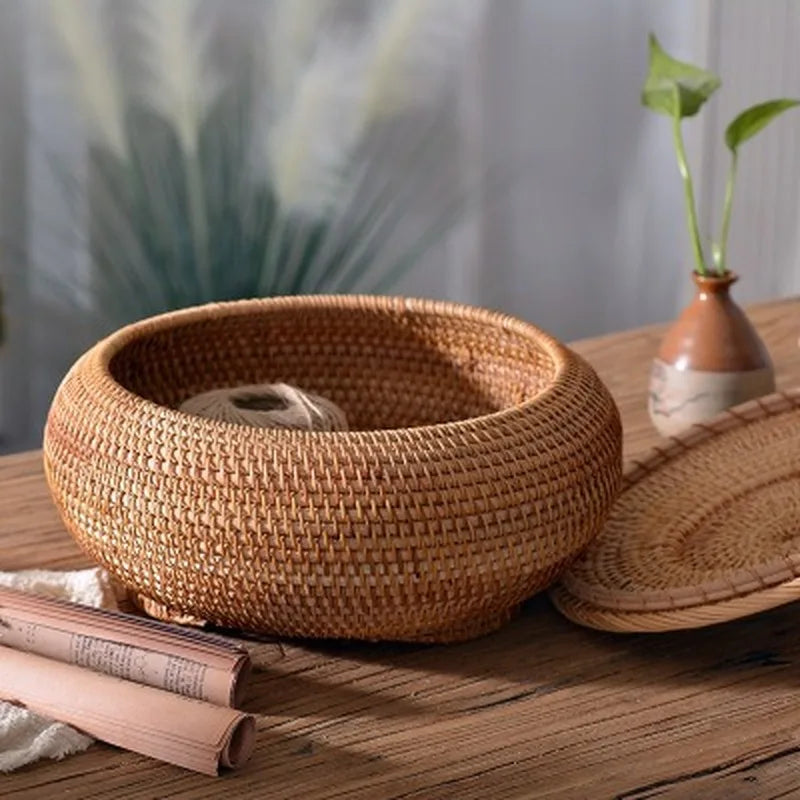 Panier boîtes rondes en rotin avec couvercle pour rangement polyvalent - vue 3 sur 6