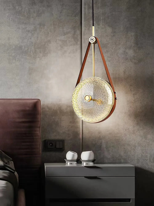 suspension luminaire cuir led verre lustre - vue 2 sur 30