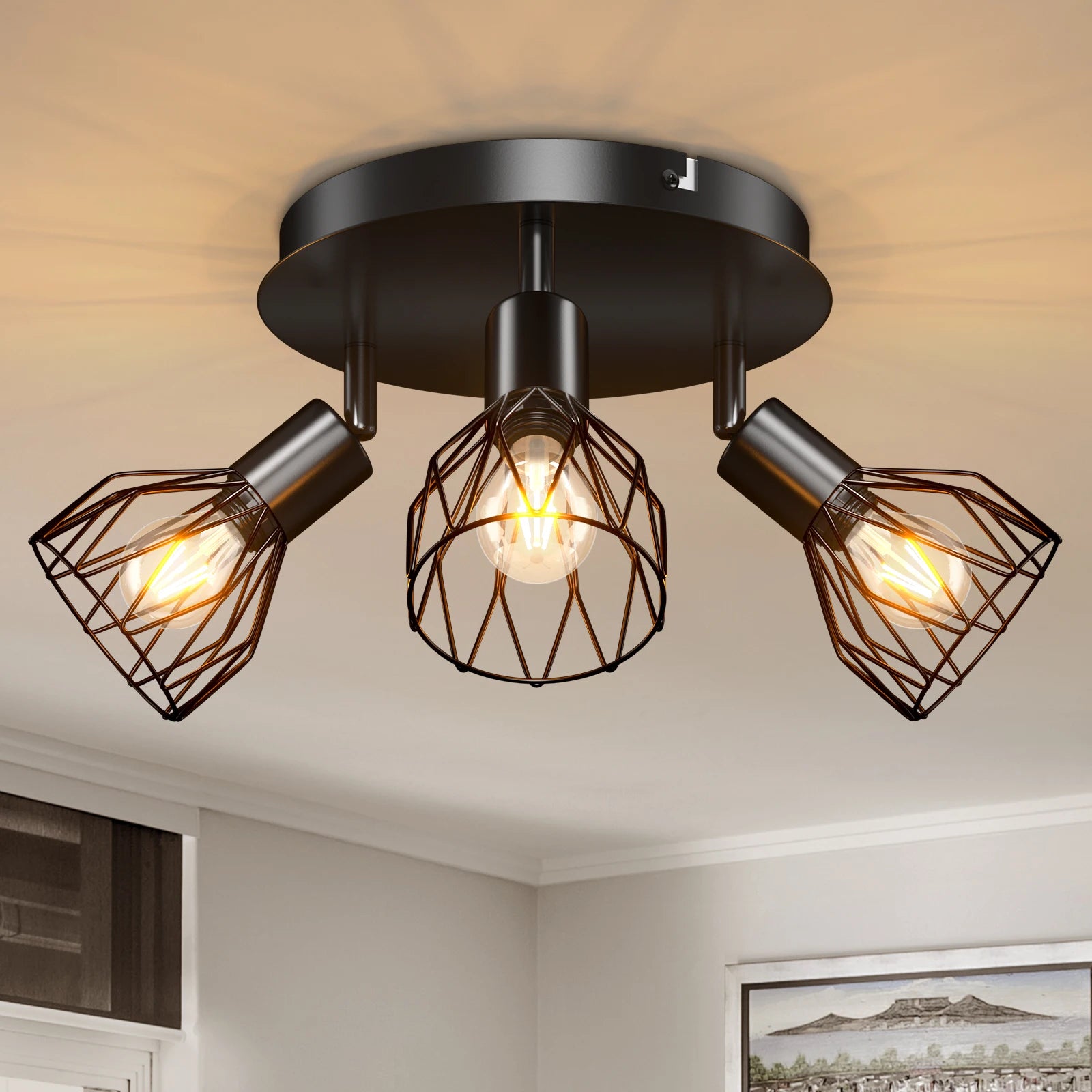 Spot de Plafond 3 Voies Rotatif - Spot Plafond Noir/Blanc Plafonniers E14 - Spot Luminaires Fil Cage Mur