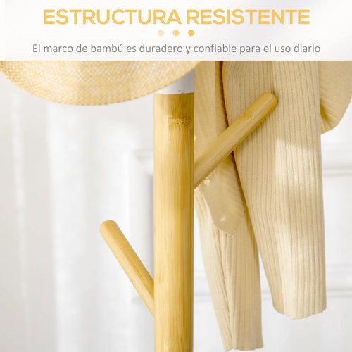 HOMCOM bamboo foot rack with 8 hooks for clothes Ø 37.8x175.6 cm Natural - vue 7 sur 7