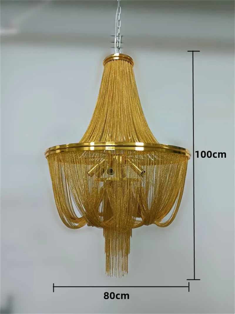 lustre moderne à pampilles en aluminium doré avec chaîne décorative - vue 8 sur 12