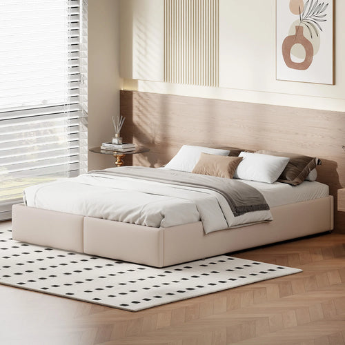 Upholstered Bed, Linen Fabric, without Headboard, Storage Bed, with Slatted Frame and 2 Storage Drawers, Beige, 140 x 200 cm - vue 3 sur 8