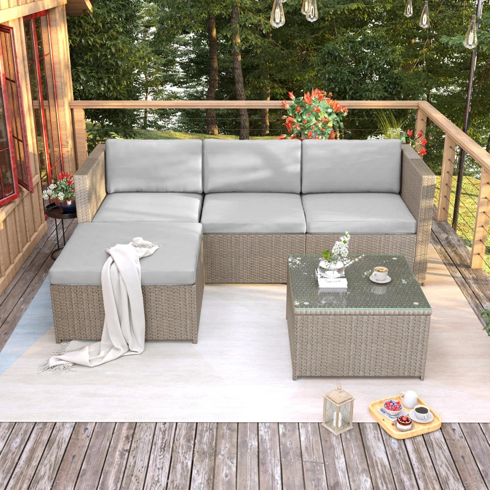Poly rattan lounge sofa set, garden furniture, corner sofa with seat cushion and back cushion/lounge table with glass top - vue 2 sur 6