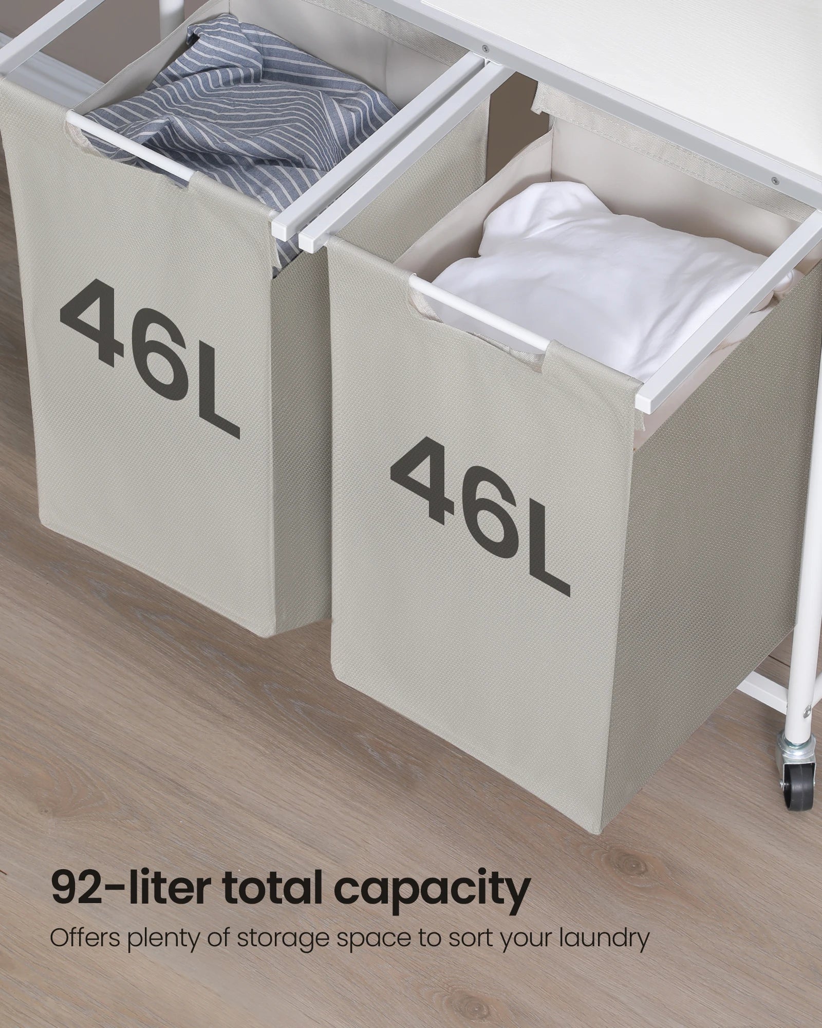 Laundry Basket, 2 Compartments, 2 x 46L, Laundry Hamper with 1 Shelf, Laundry Sorter, Laundry Bag, Extendable and Removable, Per - vue 2 sur 9