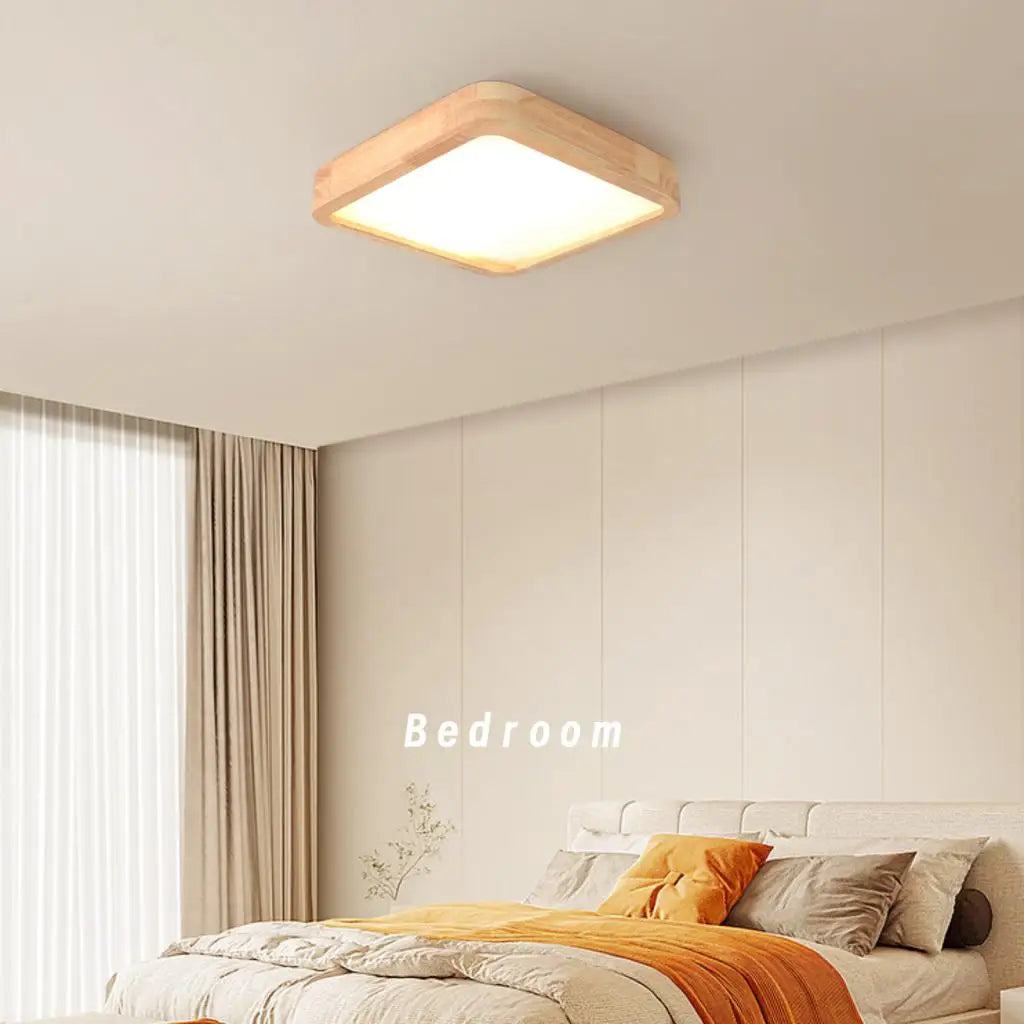 plafonnier led ultra-fin design nordique moderne avec abat-jour en bois - vue 3 sur 8