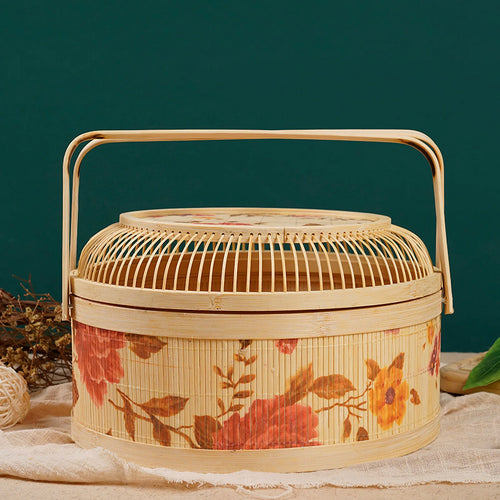 Handmade Woven Basket With Hollow Cover, 26x26x10cm Kitchen Bamboo Woven Tote Basket For New Year And Spring Festival - vue 2 sur 7