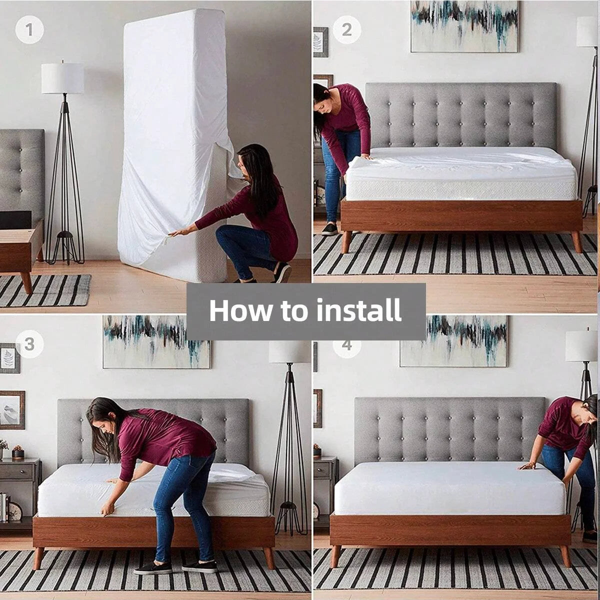 Waterproof Mattress Protector with Zipper Soft & Breathable Noiseless Mattress Cover for Single or Double Bed, Queen/King Size - vue 6 sur 8