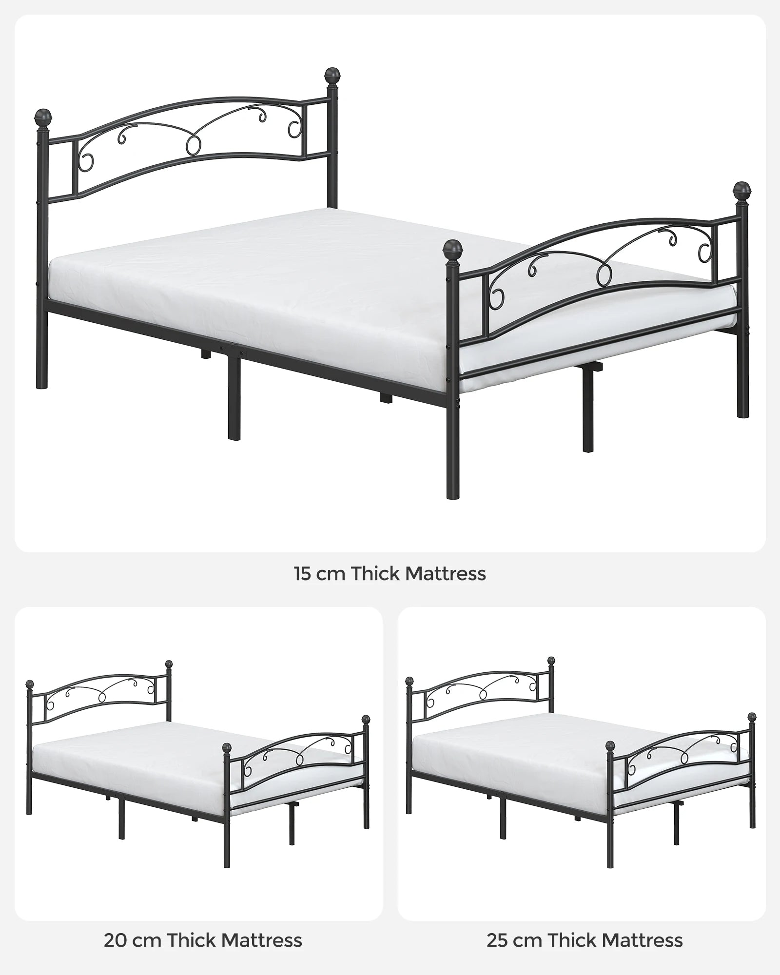 VASAGLE Lit 2 Personnes en Métal, Cadre de Lit 2 Places, pour Matelas de 140 x 190 cm, Lit d'Invité, pour Adulte, Adolescent - vue 4 sur 7
