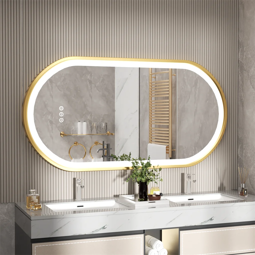 LED Bathroom Mirror Oval Illuminated Wall Mirror Aluminum Gold Frame Memory Anti-fog 3 Changeable Color, IP56 800/1000/1200MM - vue 2 sur 9
